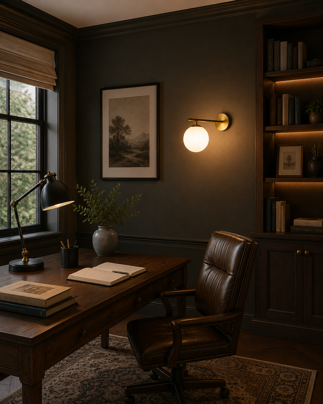 Verona Modern Globe Linear Wall Sconce installed in a sophisticated home office, providing warm ambient illumination above a wooden desk and built-in shelving.