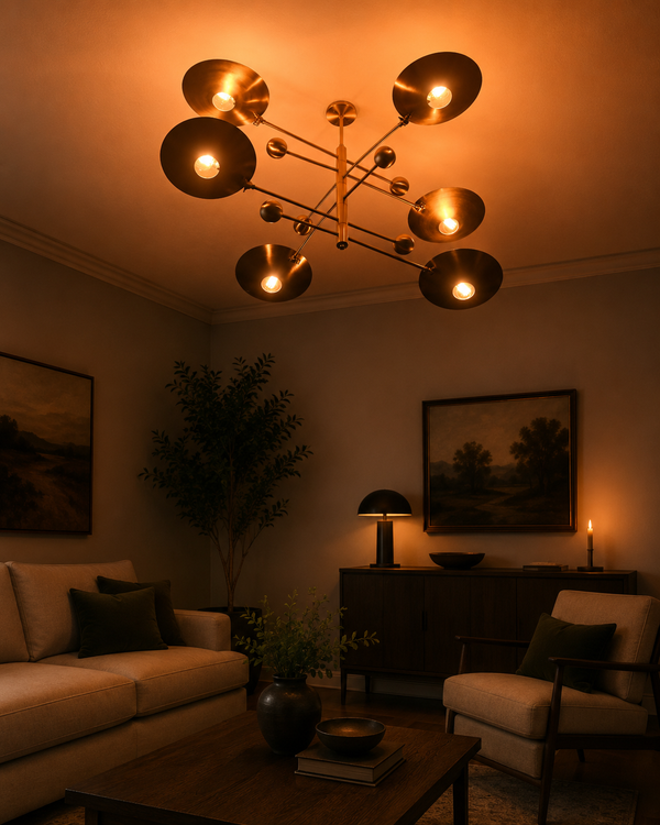 Verona Orbital chandelier installed in a warm living room, creating dramatic Mid-Century Modern ambient lighting.