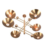 Verona Orbital chandelier featuring six layered bowl shades, vertical center stem, and Mid-Century Modern styling.