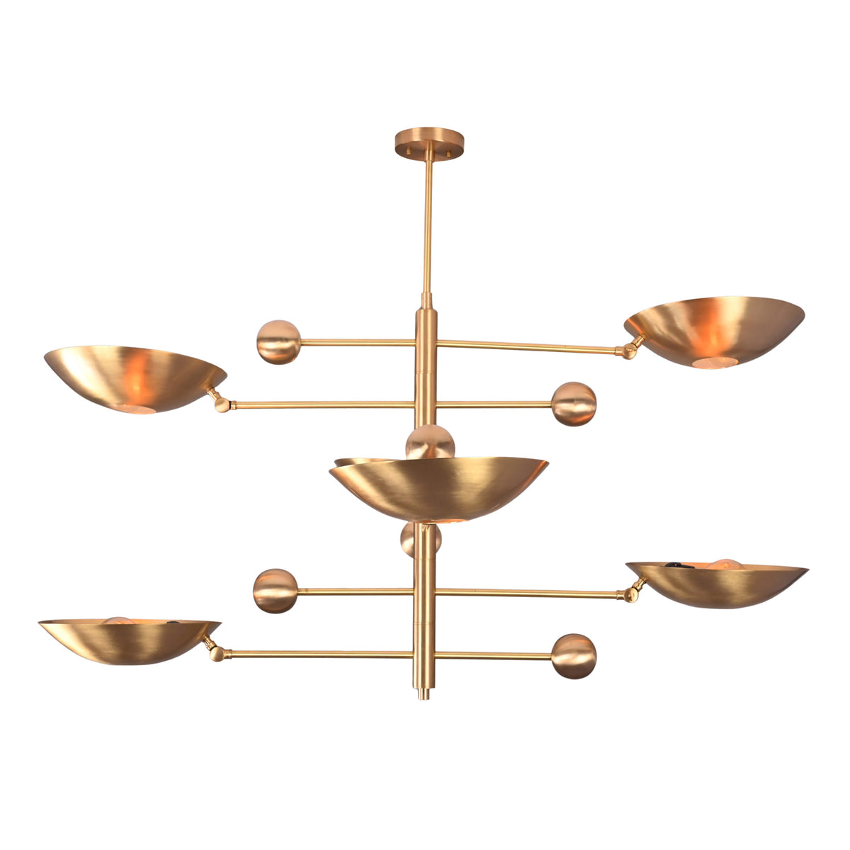 Side view of Verona Orbital chandelier featuring six bowl shades, offset arms, and sculptural vertical stem.