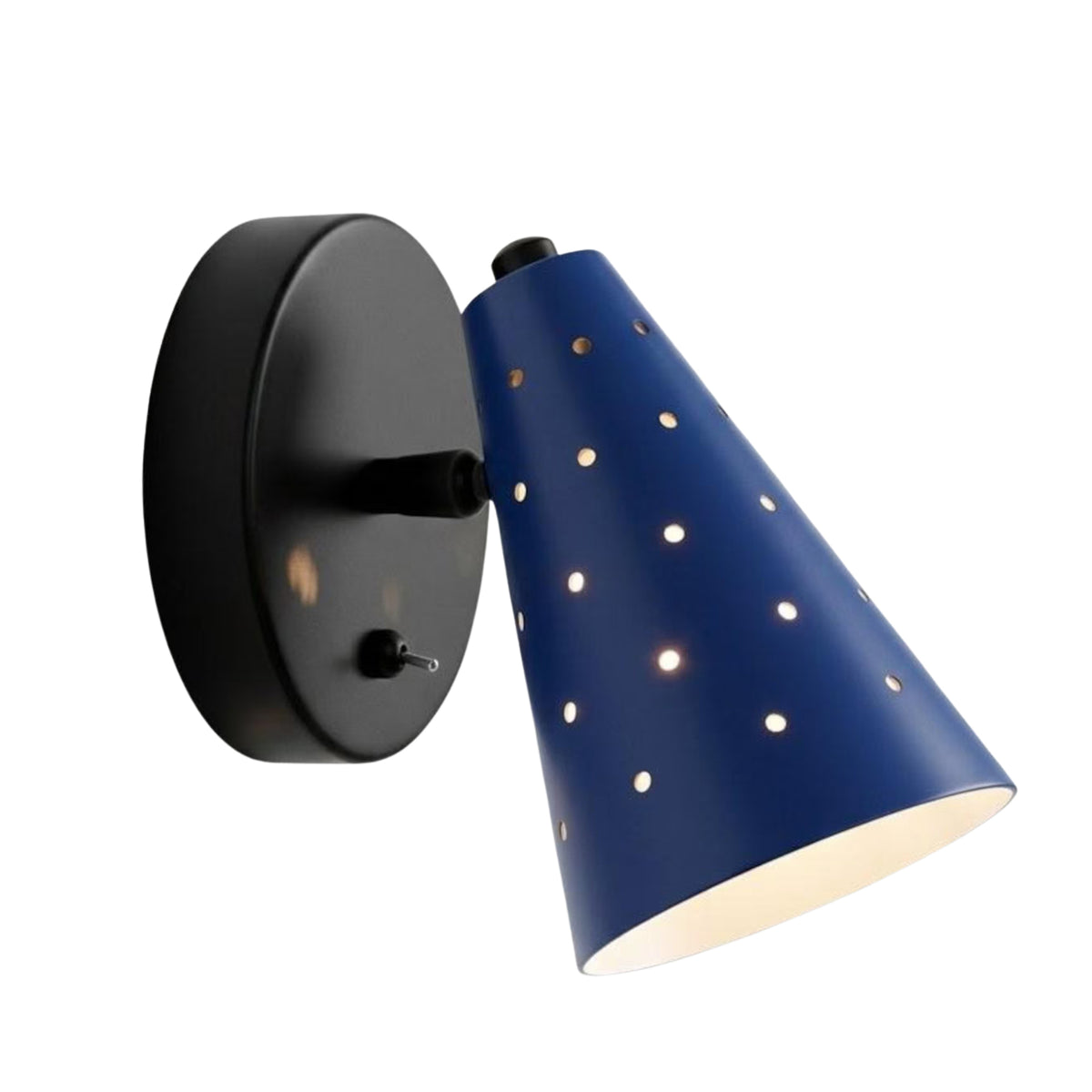Angled view of Verona perforated cone wall sconce with blue metal shade illuminated through decorative perforations, Model 32792.