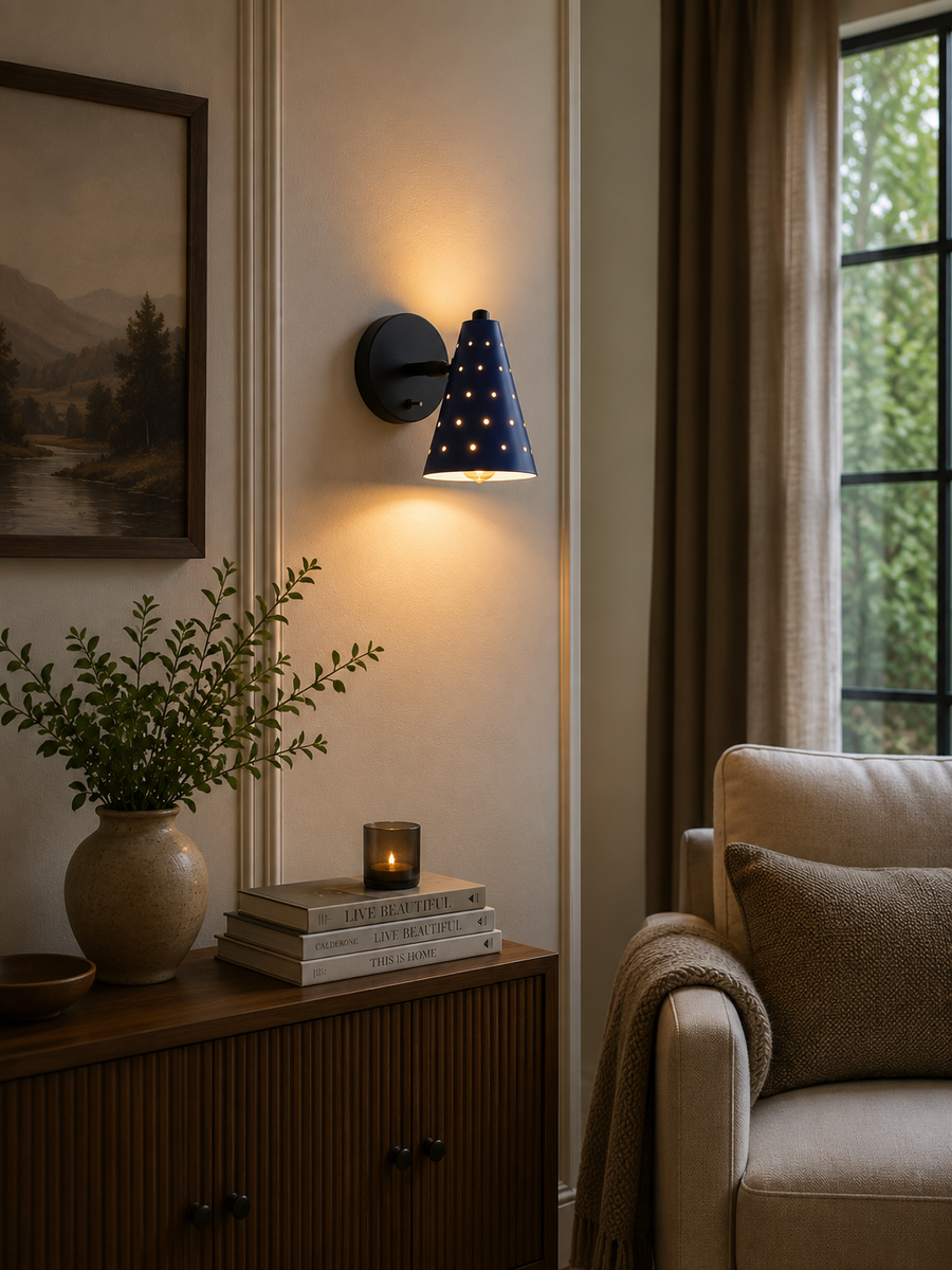 Verona perforated cone wall sconce installed in a living room with warm decorative and downward lighting, Model 32792.