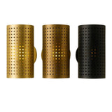 Verona perforated cylinder wall sconce shown in multiple metal finish options, Model 32783.