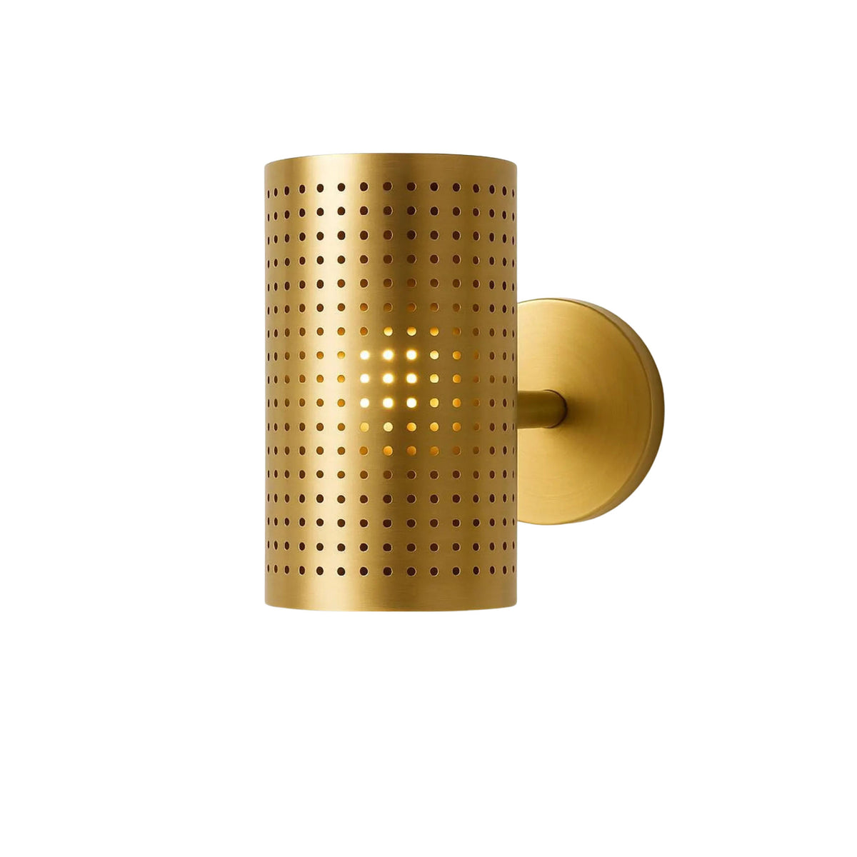 Verona perforated cylinder wall sconce in warm brass finish with illuminated geometric perforations, Model 32783.