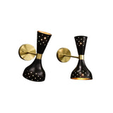 Angled view of Verona Mid-Century Modern wall sconce featuring black perforated shades and brass wall mount.