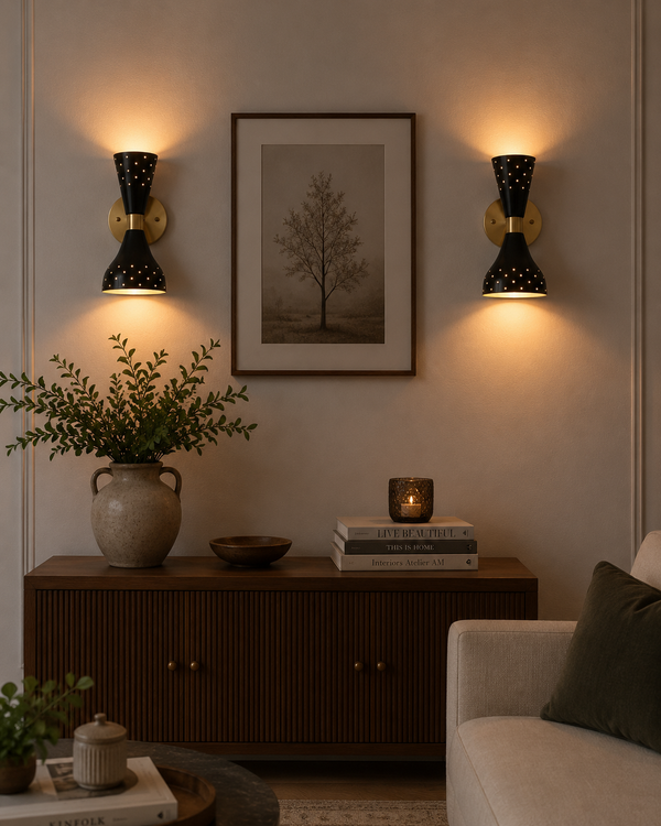 Pair of Verona perforated double cone wall sconces installed in a living room with warm up and down lighting.