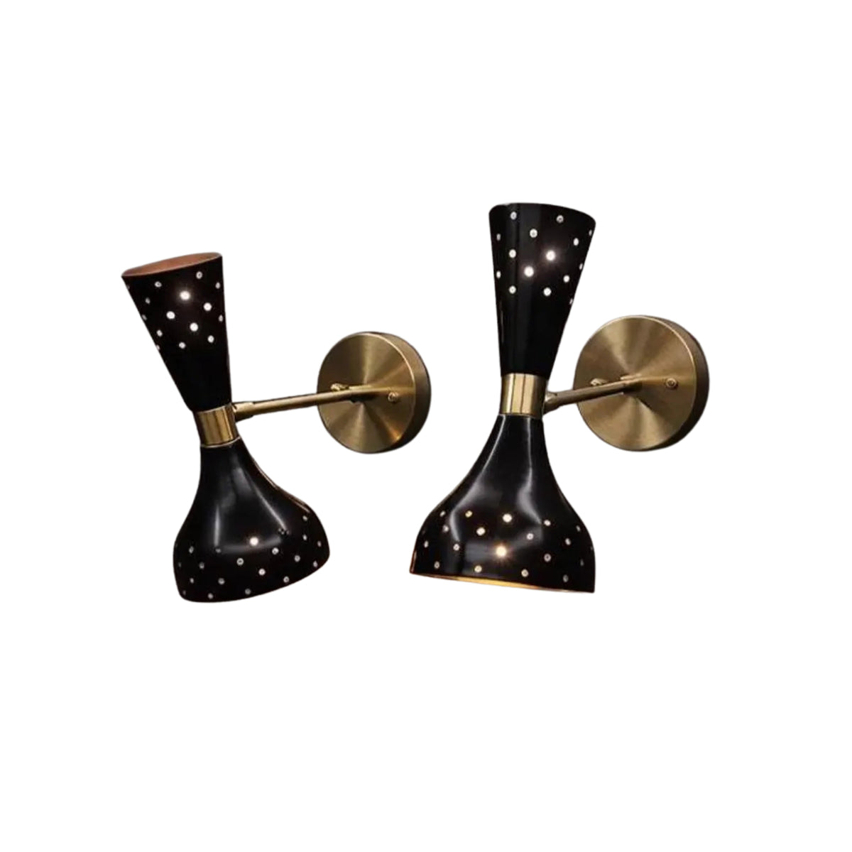 Set of two Verona perforated black and brass double cone wall sconces with sculptural hourglass design.