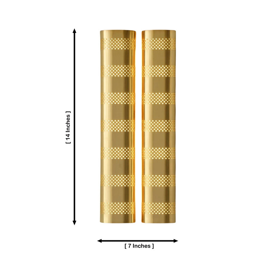 Verona 14 inch perforated double cylinder brass wall sconce illuminated in an elegant contemporary interior