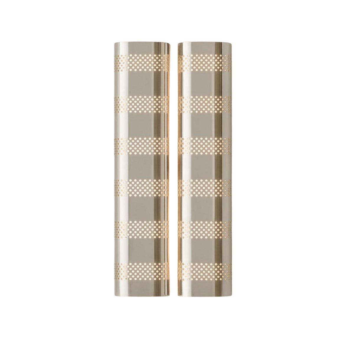 Verona perforated double cylinder wall sconce in polished brass finish with decorative horizontal perforated bands