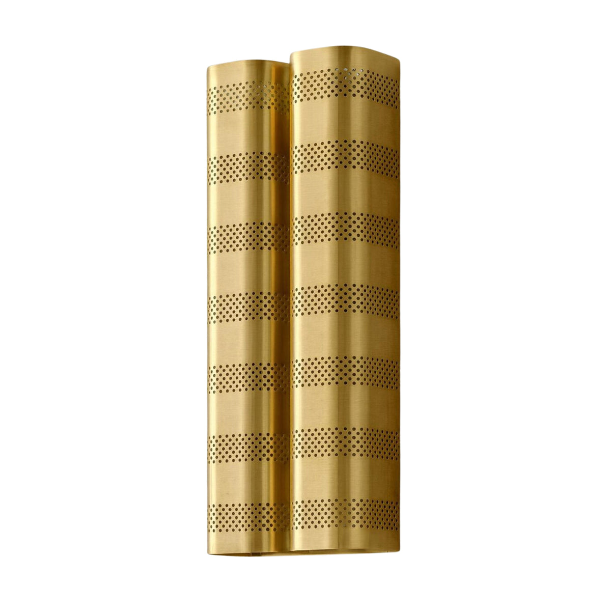 Angled view of Verona 14 inch perforated double cylinder wall sconce in satin brass finish