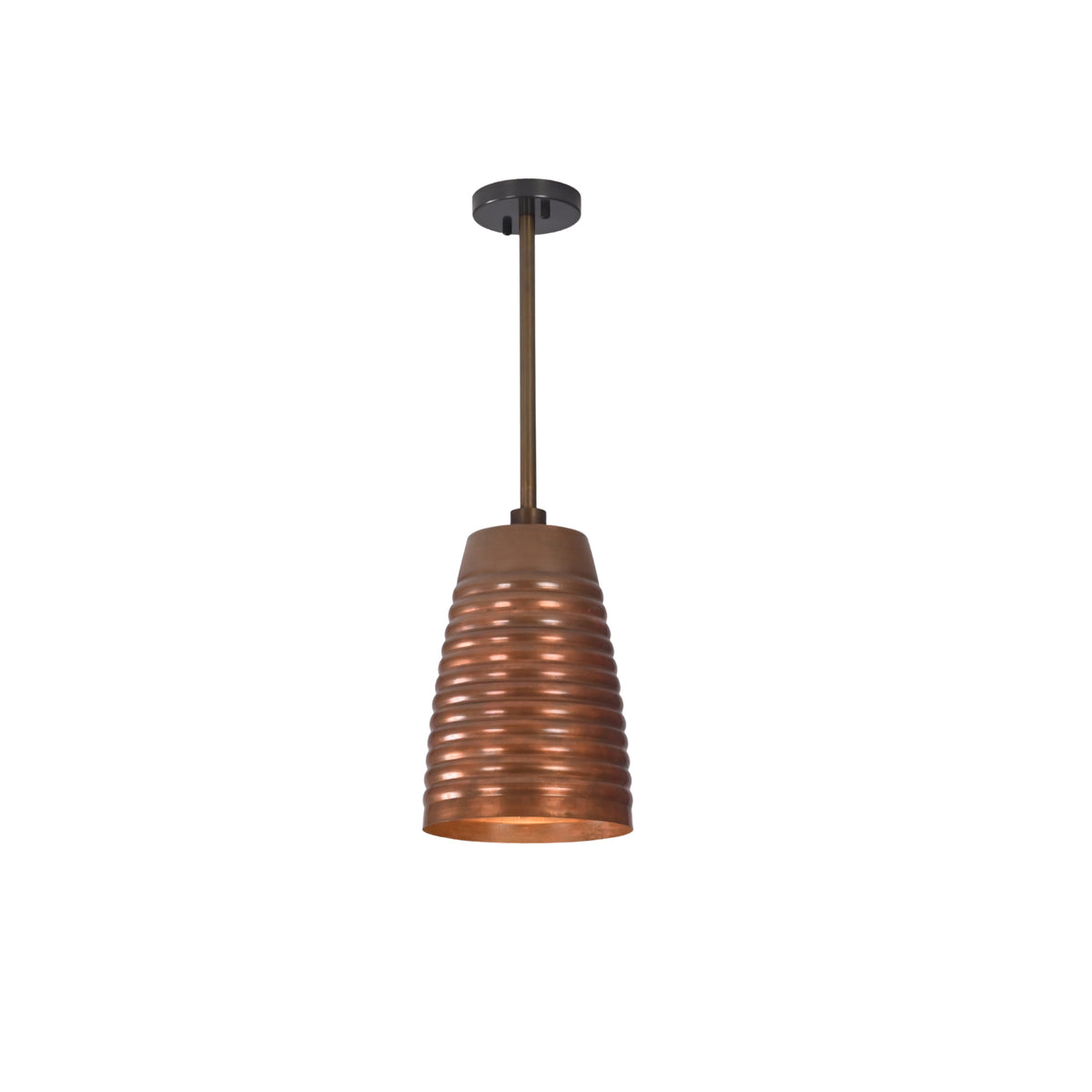 Full hanging view of the Verona ribbed bell pendant light with handcrafted ribbed copper shade and adjustable ceiling down rod.