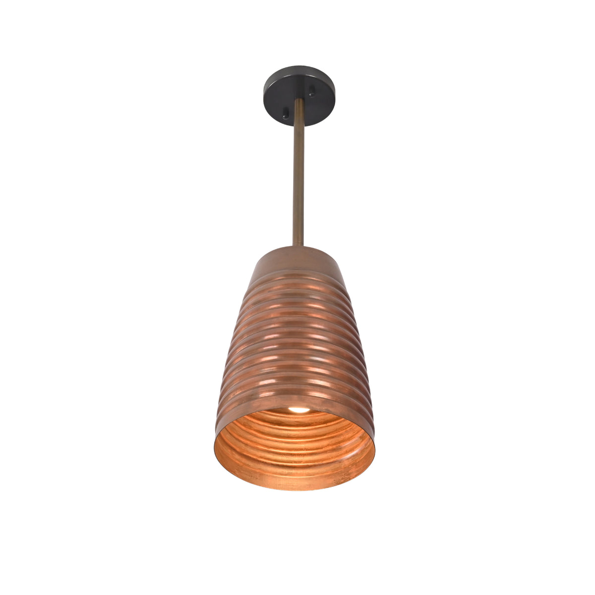 Lit front view of the Verona ribbed bell pendant light showcasing a handcrafted ribbed copper shade with warm downward illumination.