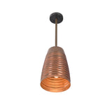 Lit front view of the Verona ribbed bell pendant light showcasing a handcrafted ribbed copper shade with warm downward illumination.