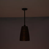 Unlit night view of the Verona ribbed bell pendant light featuring a handcrafted ribbed copper shade with adjustable down rod suspension.
