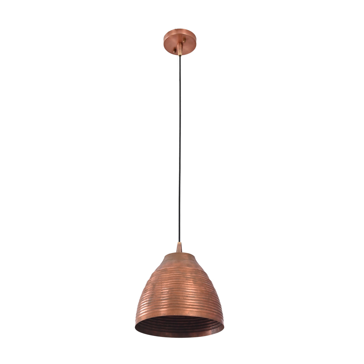 Front view of Verona ribbed copper dome pendant light featuring a handcrafted tapered metal shade with an adjustable black suspension cord.