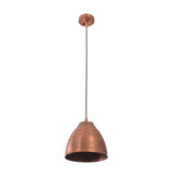 Front view of Verona ribbed copper dome pendant light featuring a handcrafted tapered metal shade with an adjustable black suspension cord.