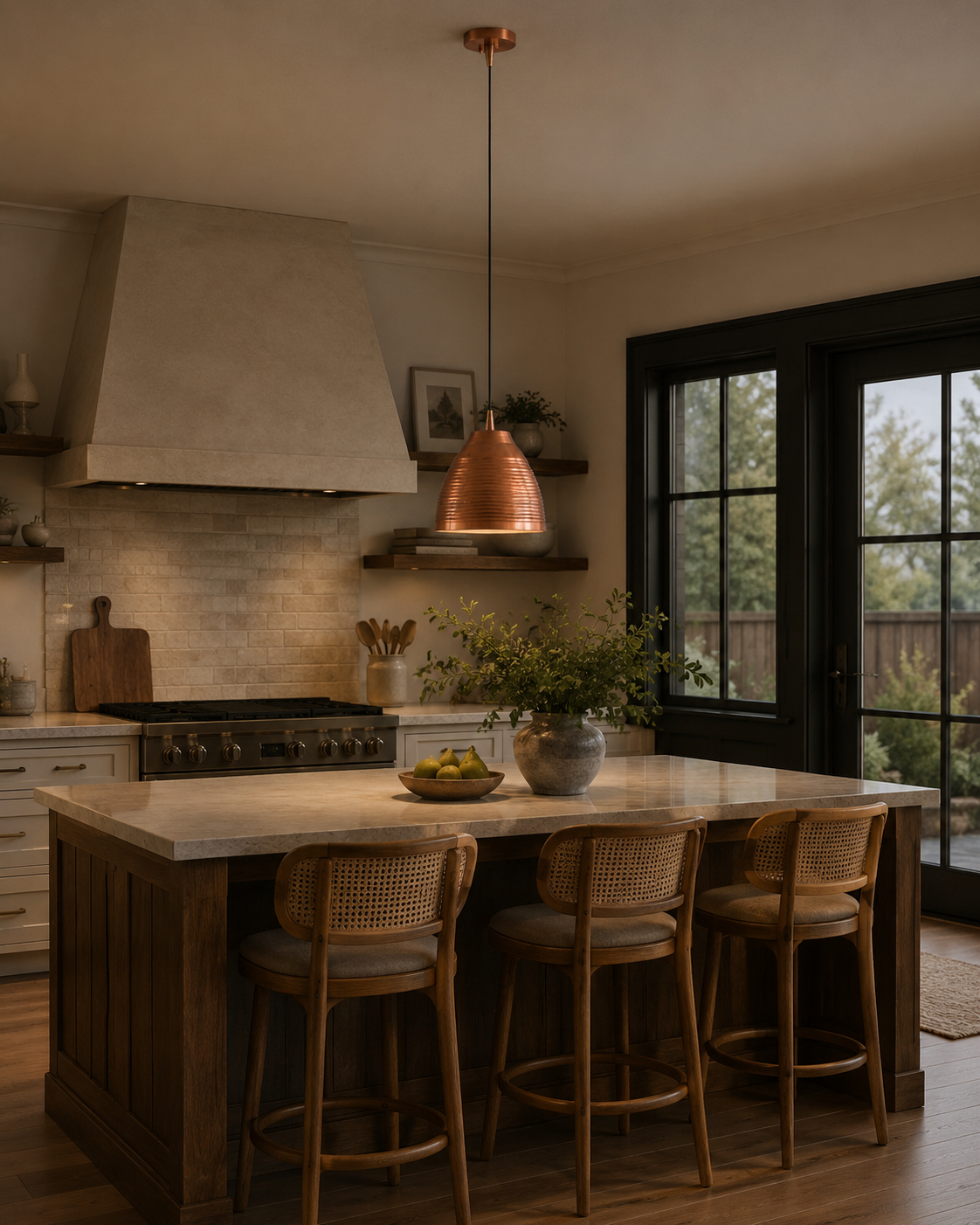Verona ribbed copper dome pendant light installed above a modern kitchen island, providing warm task lighting with a handcrafted industrial aesthetic.