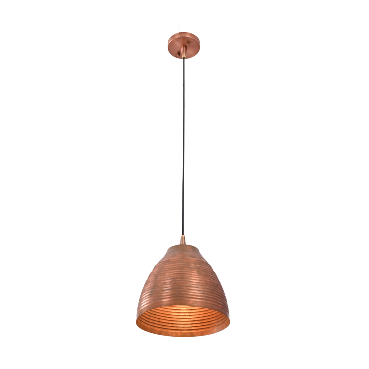 Lit view of Verona ribbed copper dome pendant light showcasing warm downward illumination through the textured ribbed copper shade.