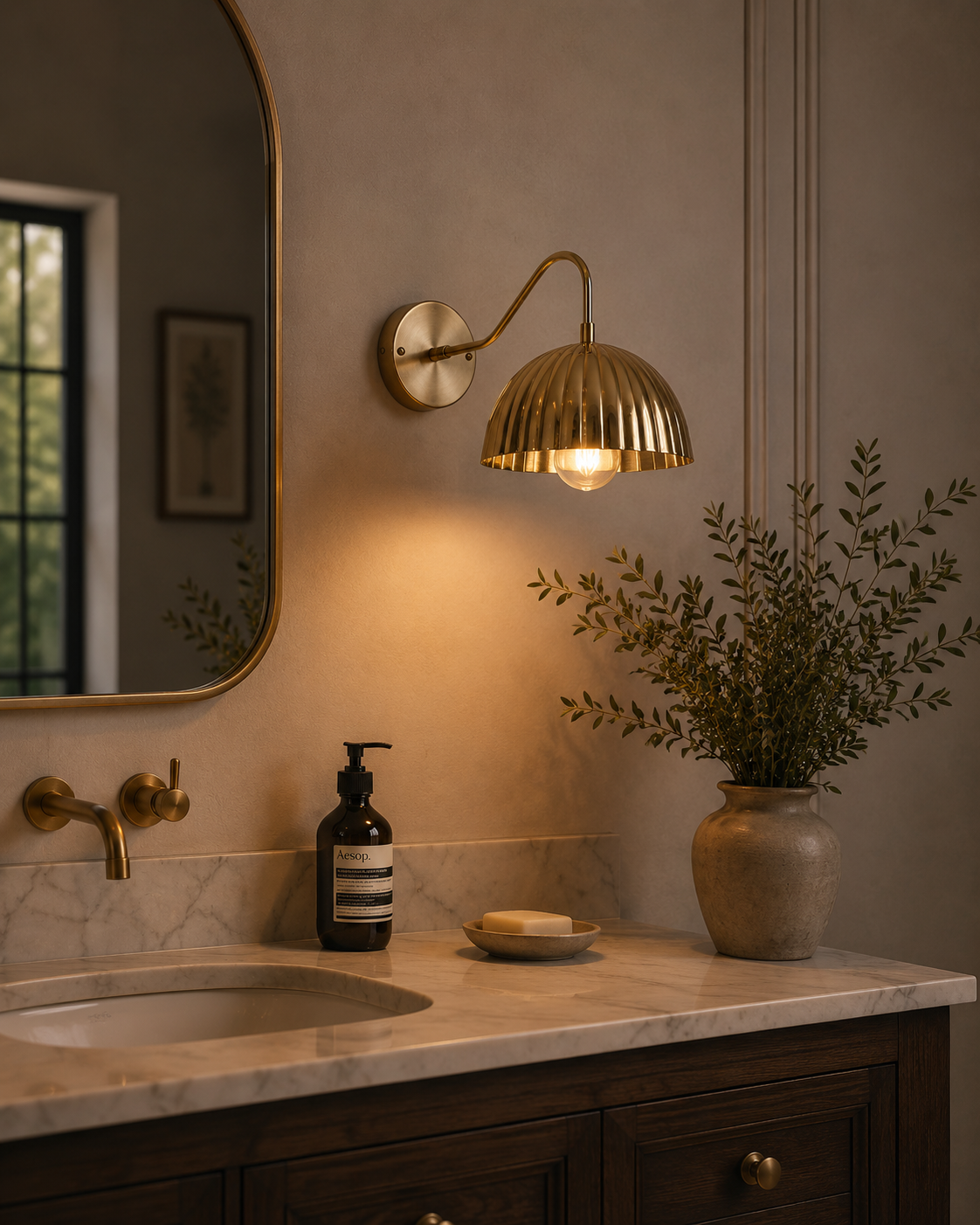 Verona ribbed brass dome wall sconce illuminated above a bathroom vanity with warm ambient lighting.