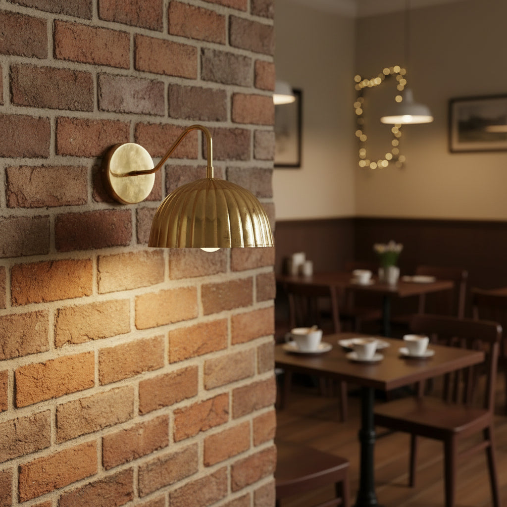 Front angled view of Verona polished brass wall sconce with ribbed dome shade and round mounting canopy.