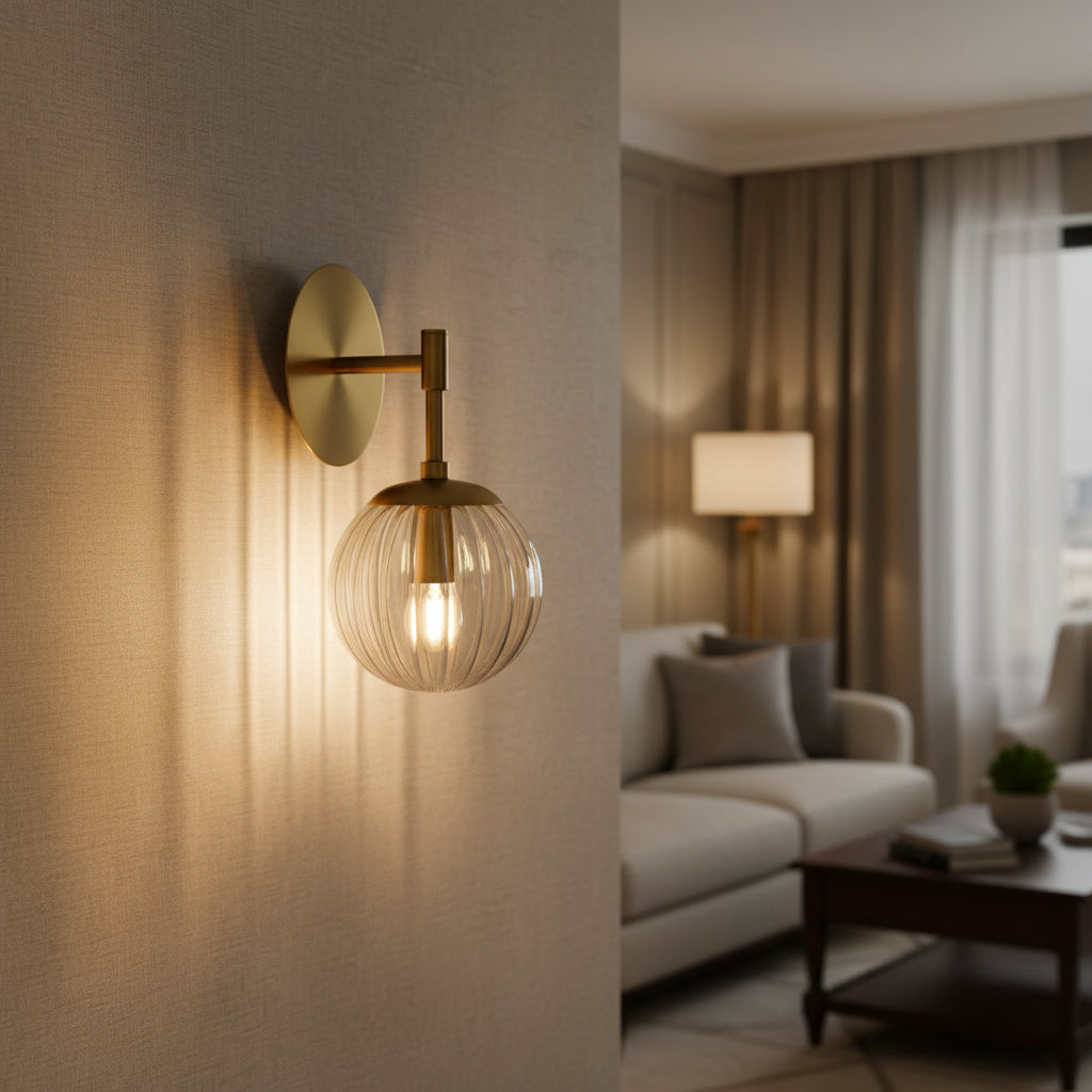 Verona 1-light clear ribbed glass globe wall sconce with round brass backplate and illuminated bulb – Model 32778