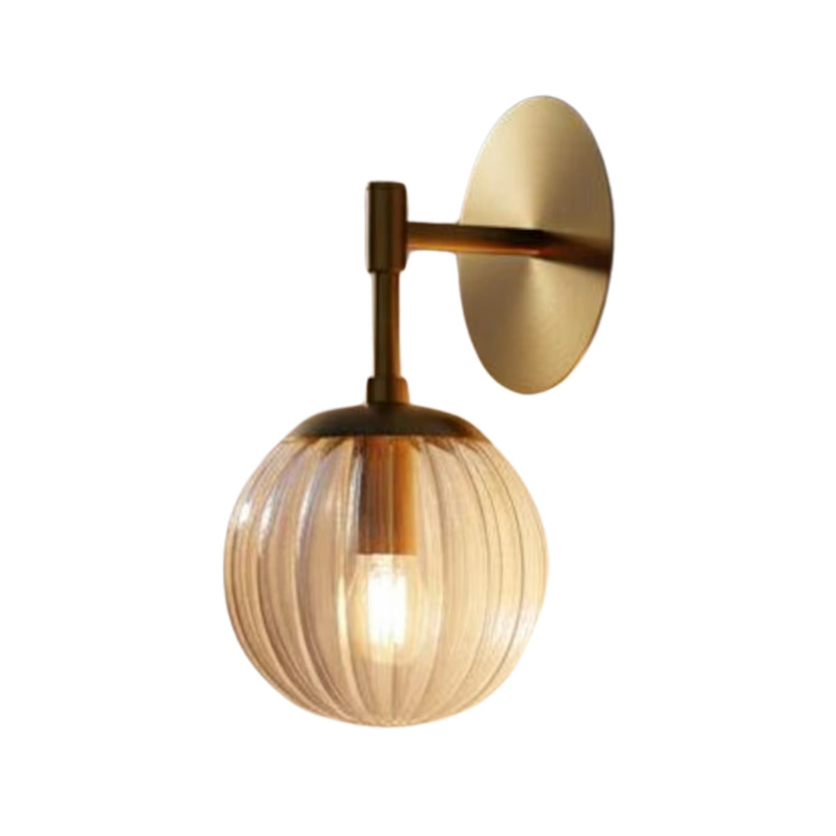 Verona 1-light ribbed clear glass globe wall sconce with brass finish illuminated in warm light – Model 32778