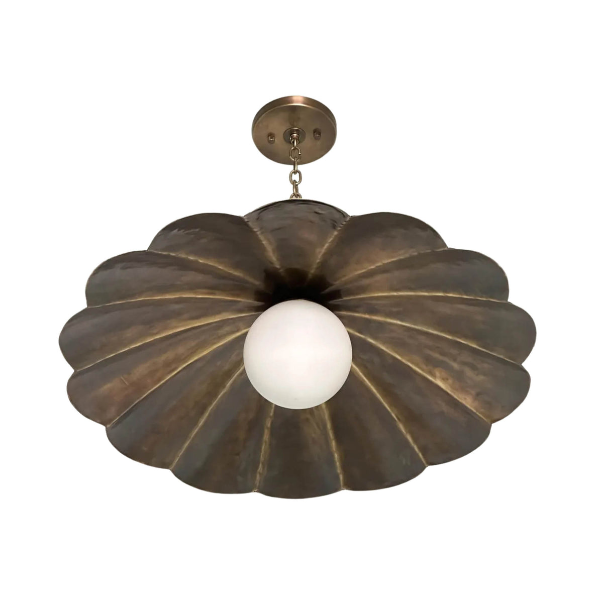 Bottom view of Verona sculpted petal chandelier highlighting the aged brass floral shade and central opal glass globe – Model 33195