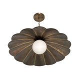 Bottom view of Verona sculpted petal chandelier highlighting the aged brass floral shade and central opal glass globe – Model 33195