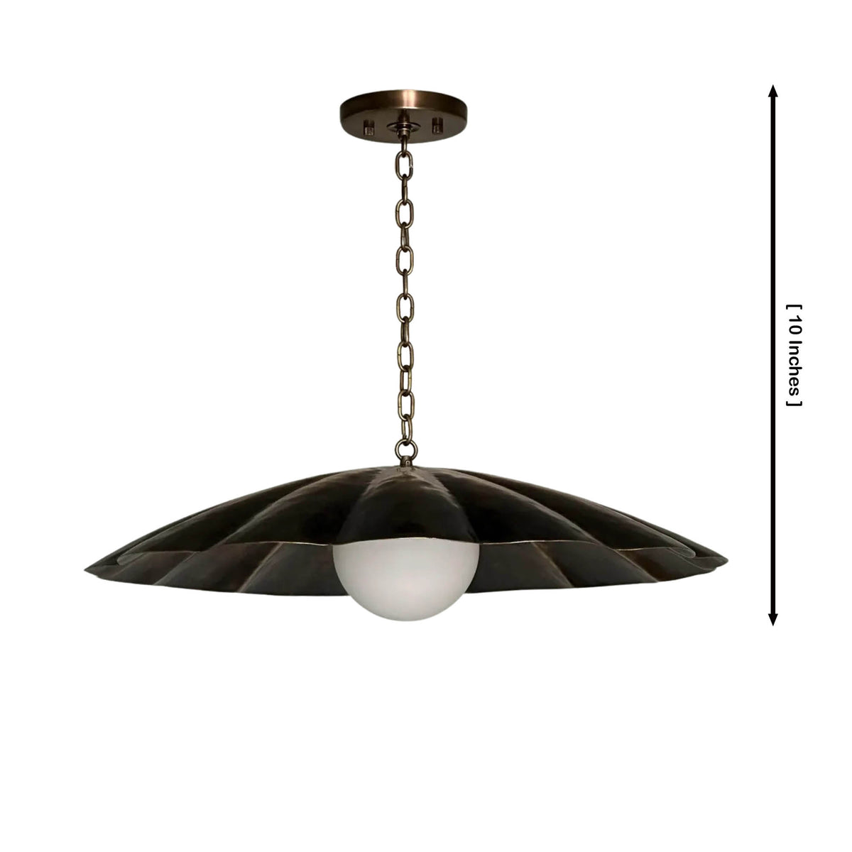 Verona sculpted petal pendant chandelier dimension view showing 10 inch fixture height with chain suspension and opal globe – Model 33195
