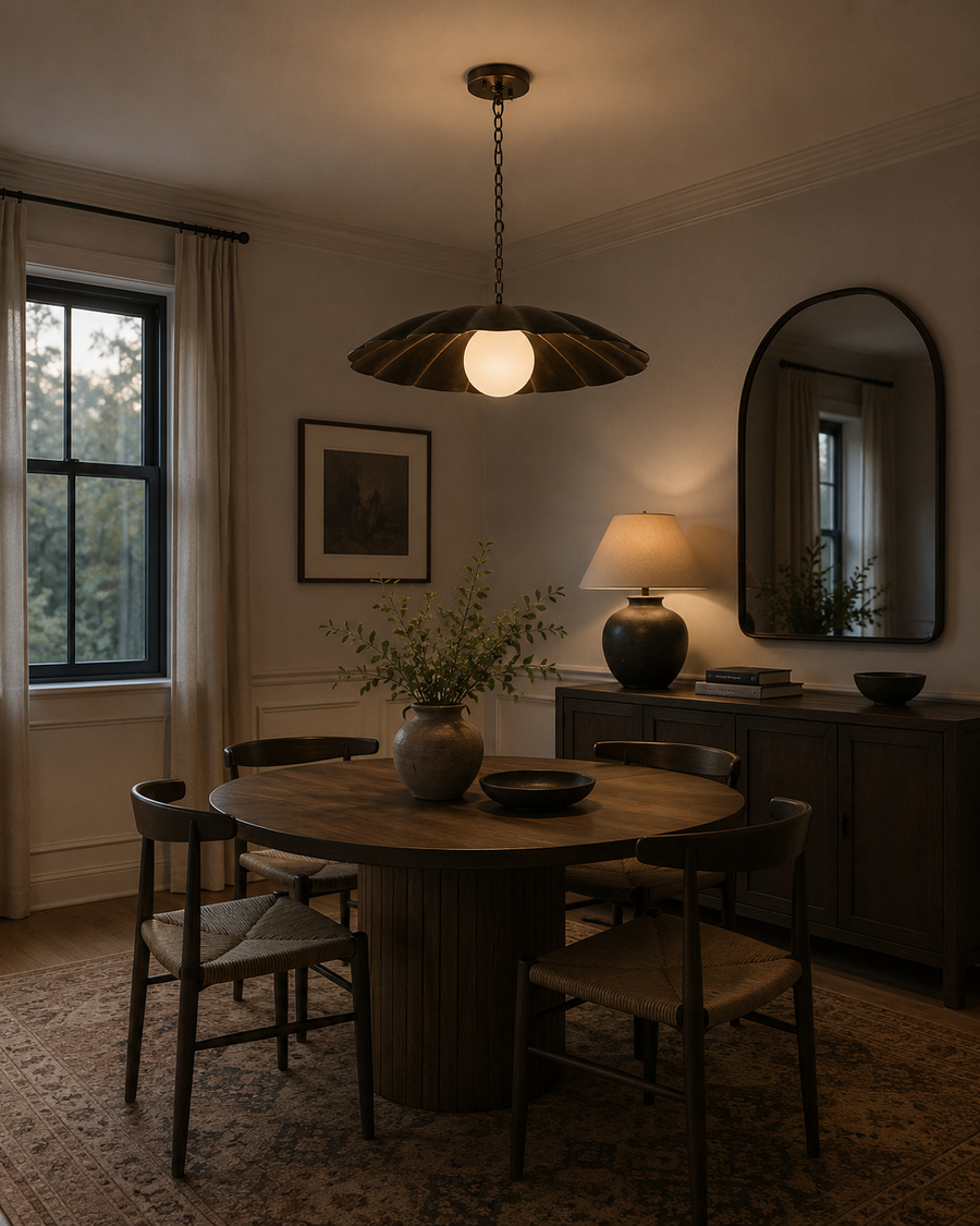 Verona 18 inch aged brass petal pendant chandelier illuminated above a round dining table in a warm modern dining room – Model 33195