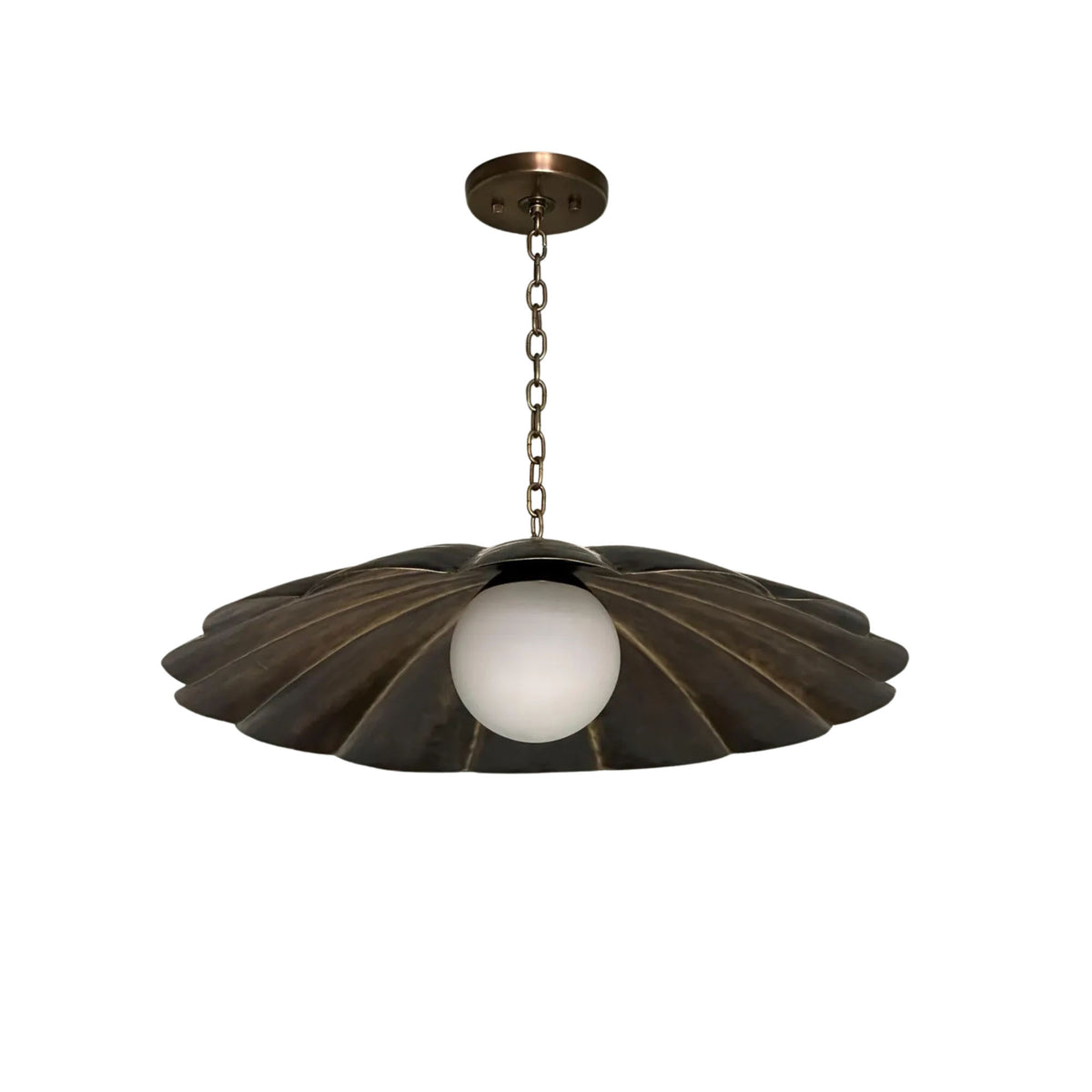 Verona 18 inch sculpted petal pendant chandelier with aged brass finish, opal glass globe and chain suspension – Model 33195