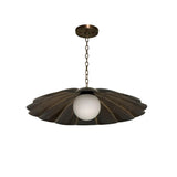 Verona 18 inch sculpted petal pendant chandelier with aged brass finish, opal glass globe and chain suspension – Model 33195