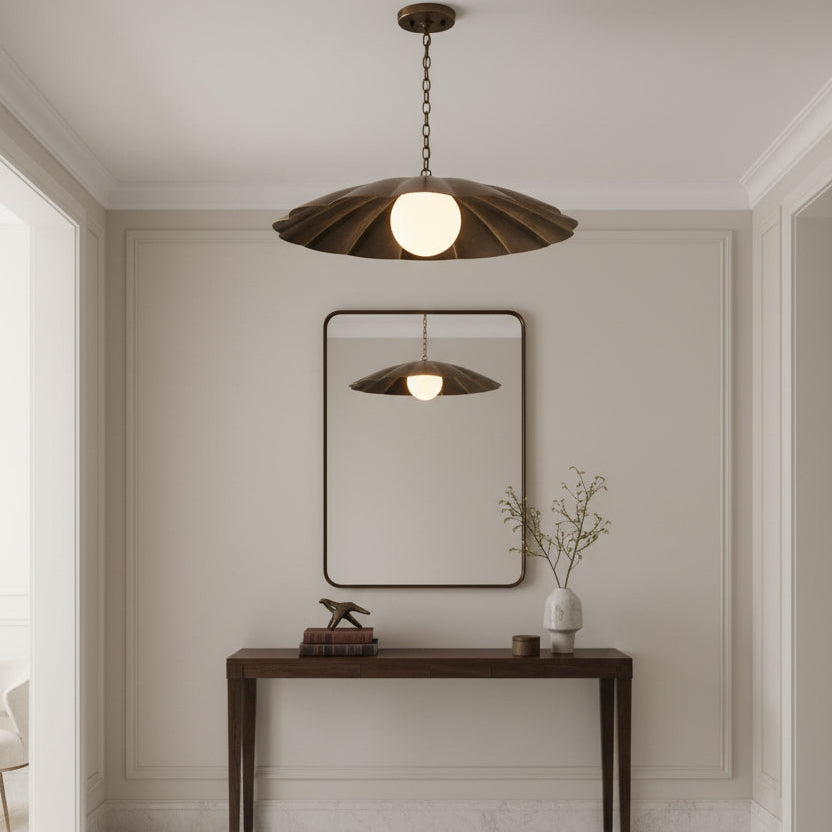 Side view of Verona 18 inch sculpted floral pendant chandelier with aged brass petal shade, opal globe and chain – Model 33195