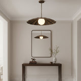 Side view of Verona 18 inch sculpted floral pendant chandelier with aged brass petal shade, opal globe and chain – Model 33195