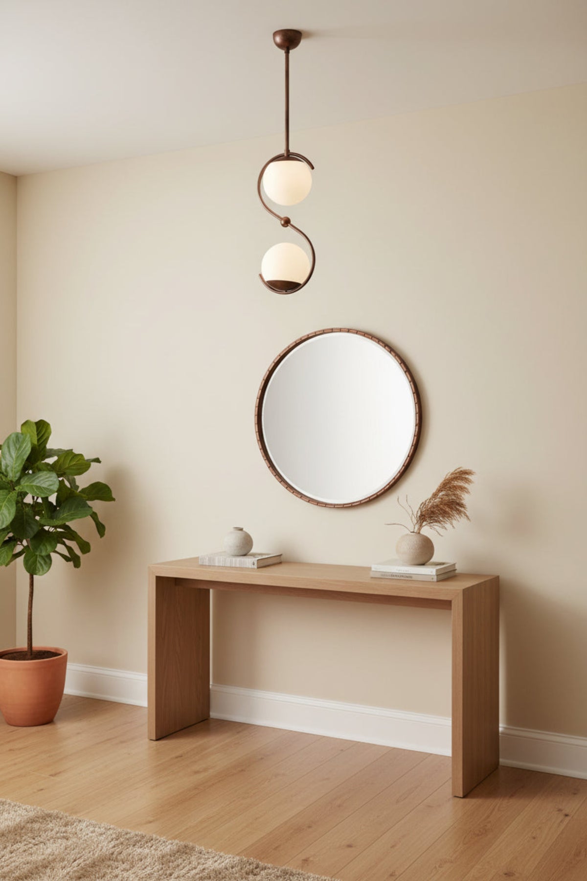 Verona sculptural 2-light globe pendant chandelier in aged copper finish with curved S-shaped frame – Model 33175
