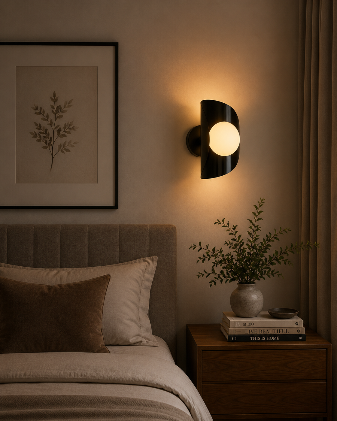 Verona sculptural globe wall sconce installed beside a bed with warm ambient lighting, Model 32790.
