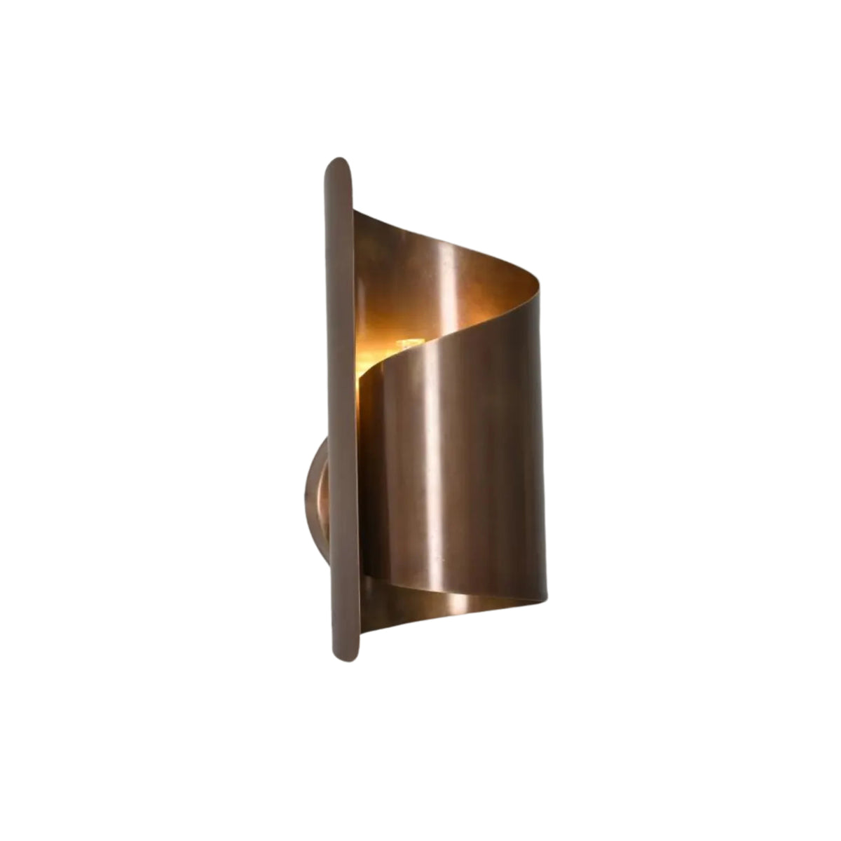 Verona sculptural wrap wall sconce illuminated with warm ambient light through curved metal shade