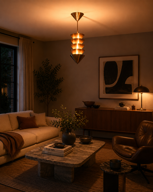 Verona Stacked Cone Pendant styled in a modern living room with warm lighting and cozy décor.