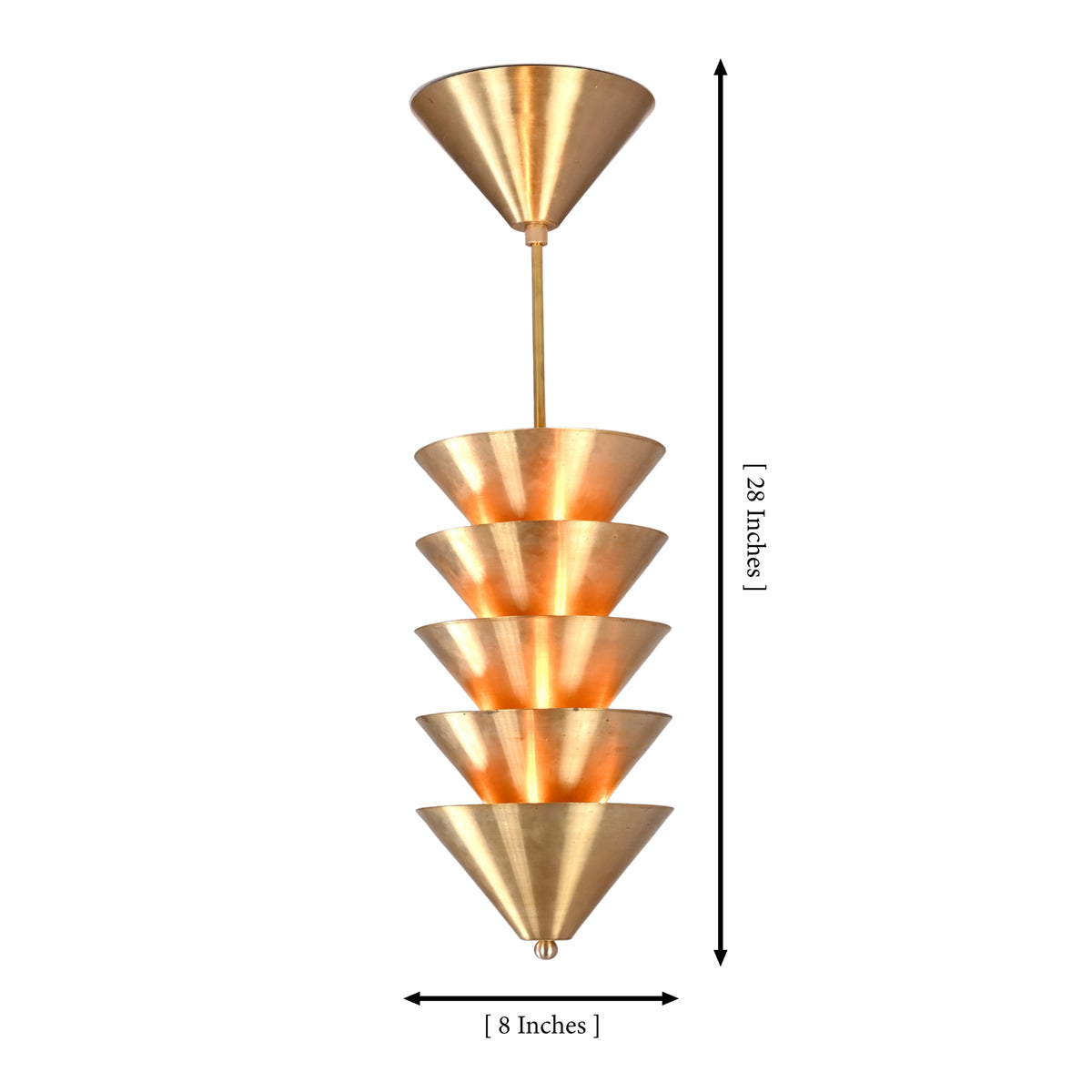 Verona Stacked Cone Pendant dimension image showing 8 inch width and 28 inch overall height.