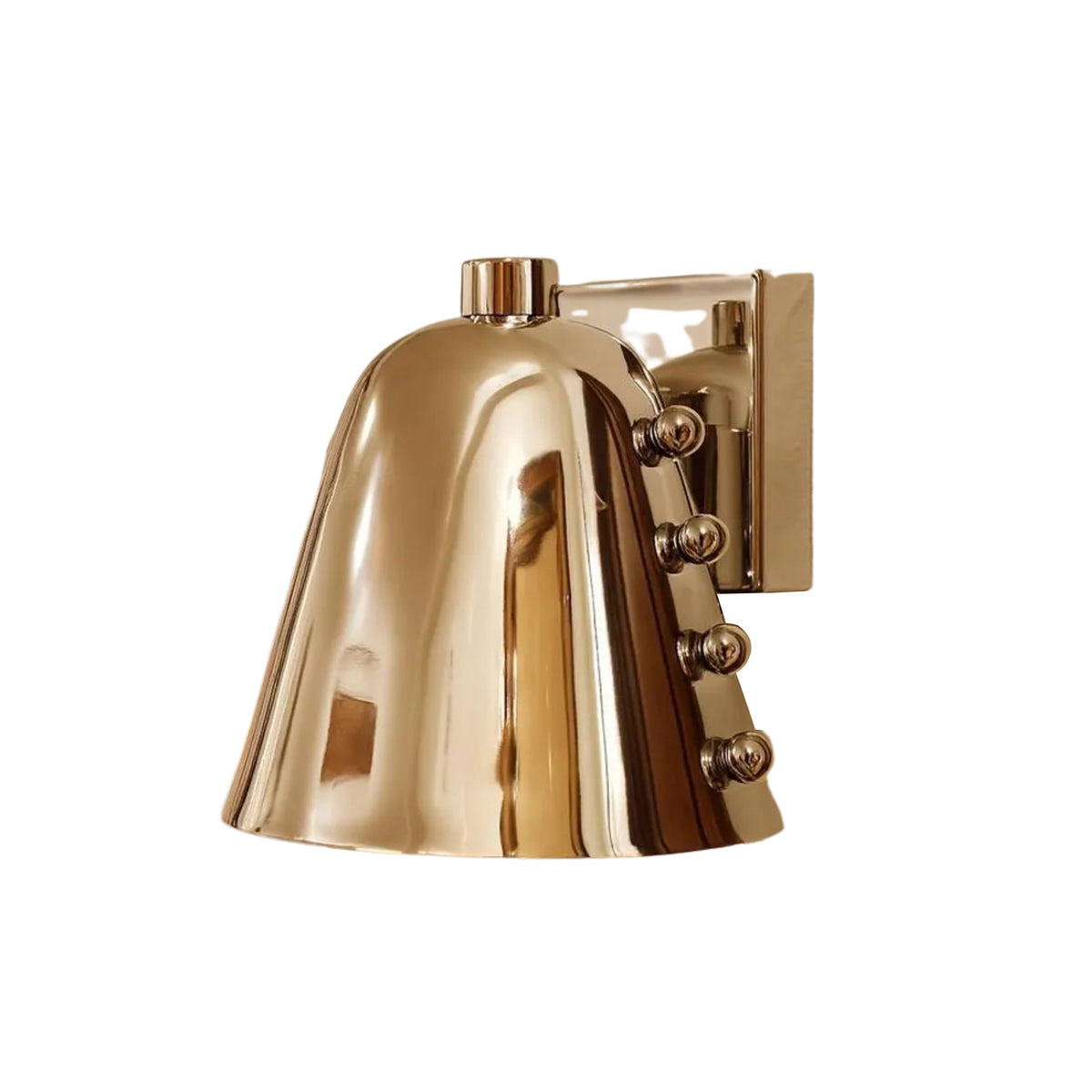 Angled view of the Verona Studded Cone Wall Sconce showcasing its handcrafted tapered cone shade, polished finish, and decorative side stud detailing.