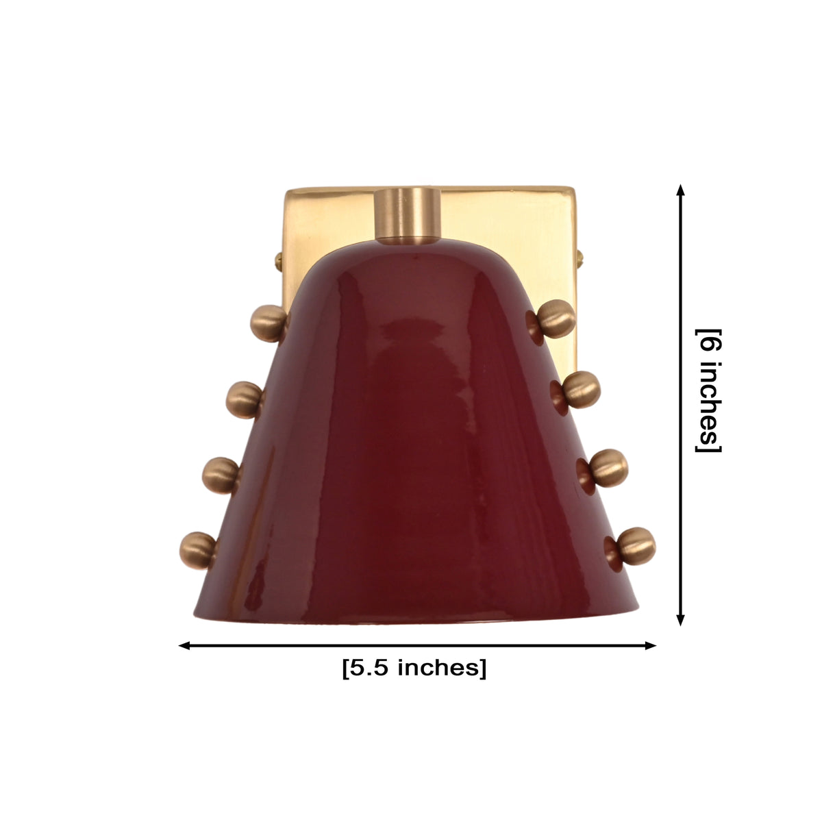 Verona Studded Cone Wall Sconce dimensions showing 5.5-inch width and 6-inch height with handcrafted burgundy cone shade and brass stud accents.
