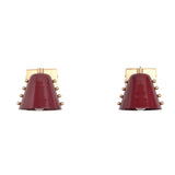 Pair of Verona Studded Cone Wall Sconces featuring handcrafted burgundy cone metal shades with decorative brass stud accents and solid brass rectangular backplates.