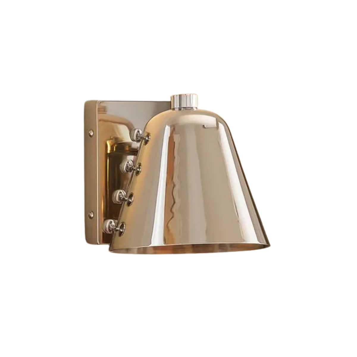 Side profile of the Verona Studded Cone Wall Sconce showing the handcrafted tapered cone shade, polished metal finish, and wall mounting plate.