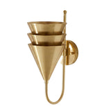 Verona brass wall sconce with three-tier cone shade and curved U-shaped arm, angled view – Model 32824