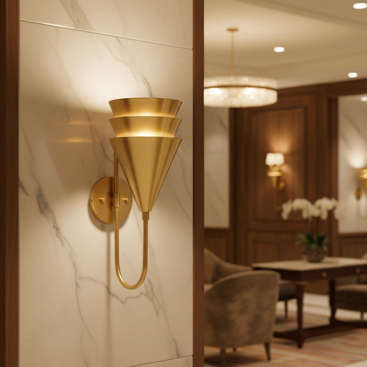 Verona three-tier cone wall sconce in warm brass finish with sculptural curved arm – Model 32824