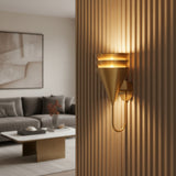 Front view of Verona brass wall sconce featuring layered three-tier conical metal shade – Model 32824