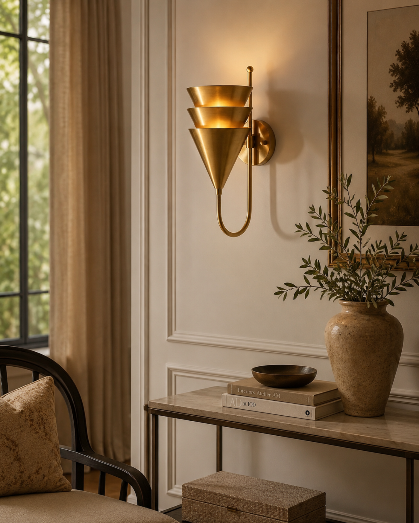 Verona tiered cone brass wall sconce illuminated in an elegant living room interior – Model 32824