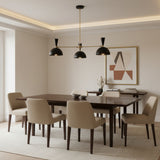 Verona 3 light black dome chandelier with brass arms and tapered cone accents shown from the front.
