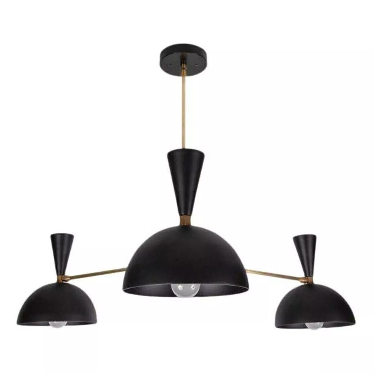 Verona 3 light black and brass dome chandelier featuring three downward-facing shades and cone details.