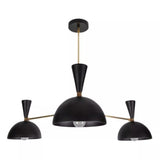 Verona 3 light black and brass dome chandelier featuring three downward-facing shades and cone details.